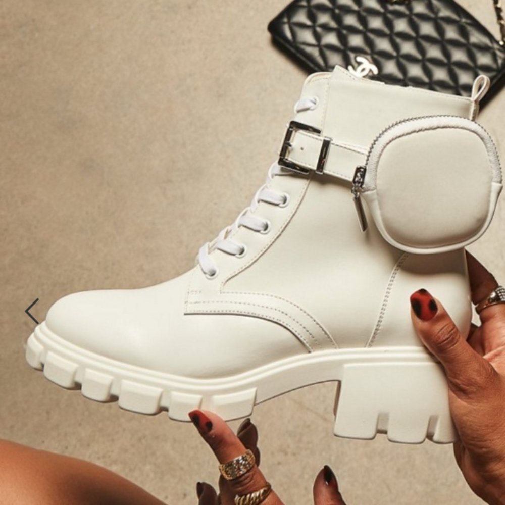 White Faux-Leather Block-Heel Booties/ Boots with Detachable Zipper Pocket